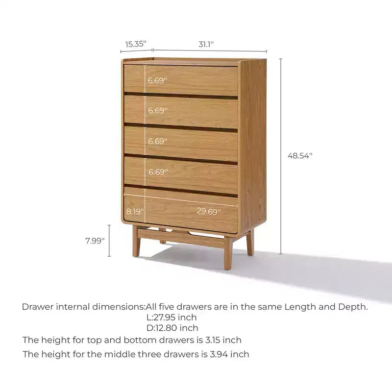 Commode de célibataire à 5 tiroirs en bois d'ingénierie Summer Oak, hauteur 48,5 pouces, marron