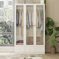 Famapy White Wardrobe 3 Glass Cabinet Doors Double Hanging Area Armoire