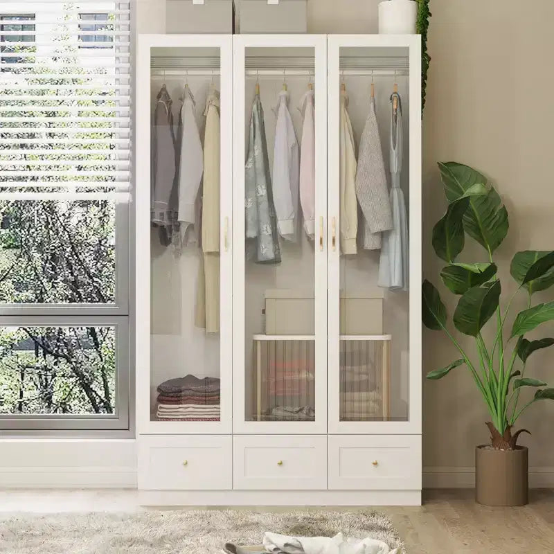 Famapy White Wardrobe 3 Glass Cabinet Doors Double Hanging Area Armoire