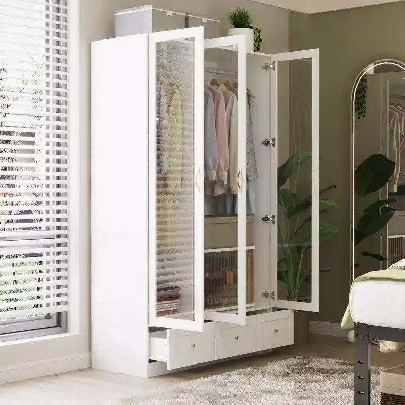 Armoire blanche 3 portes vitrées, double penderie