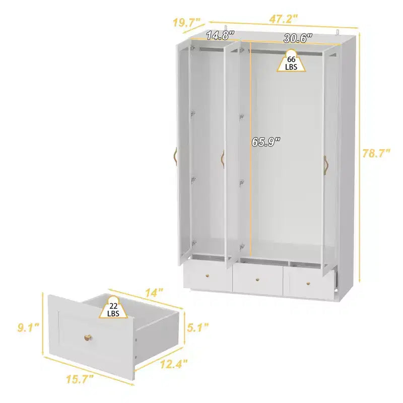 Armoire blanche 3 portes vitrées, double penderie