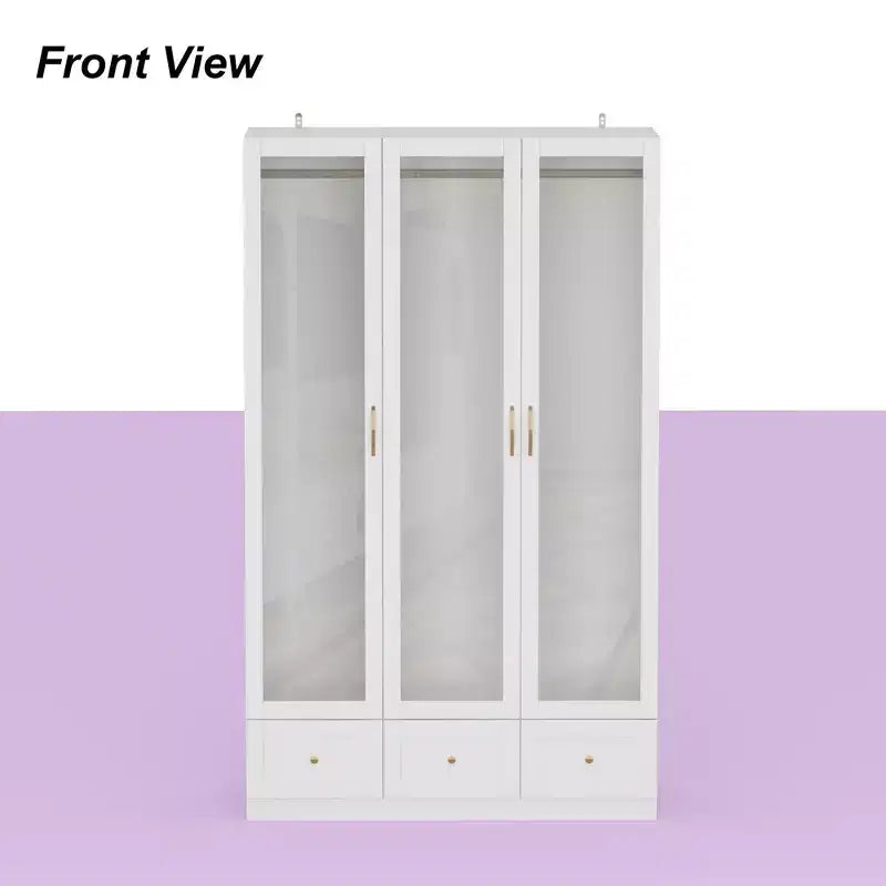 Armoire blanche 3 portes vitrées, double penderie