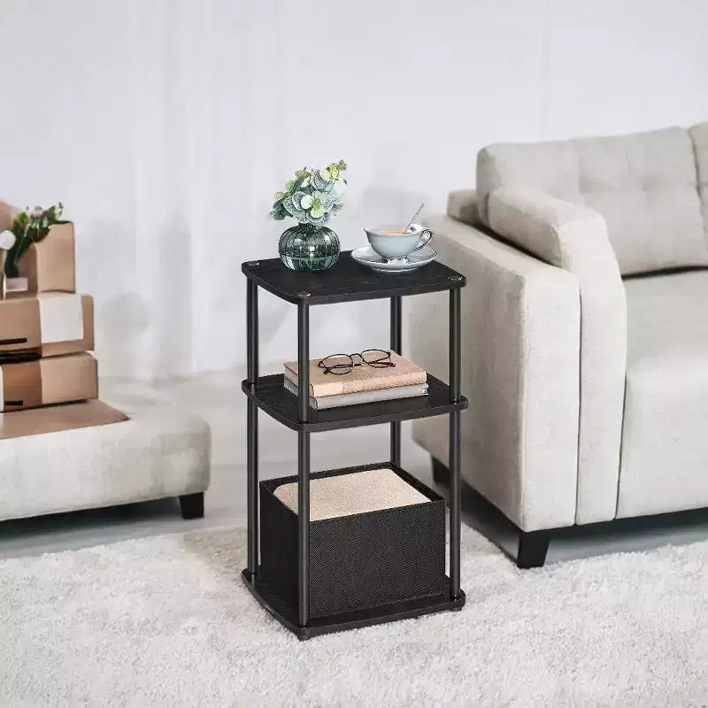 Side Table Nightstand End Table with 3 Storage Shelves Fabric Basket for Bedroom Living Room Ebony Walnut