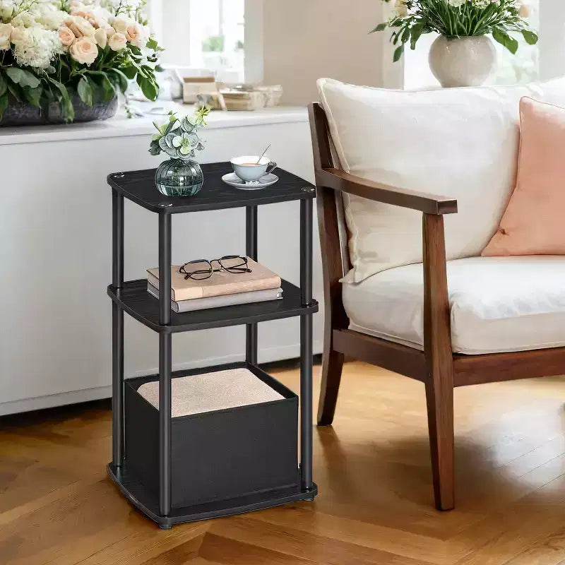 Table de chevet avec 3 étagères de rangement, panier en tissu pour chambre à coucher, salon, noyer ébène