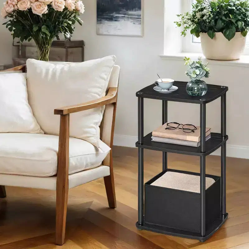 Table de chevet avec 3 étagères de rangement, panier en tissu pour chambre à coucher, salon, noyer ébène
