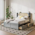 Queen Size Bed Frame with Trundle, Wood Platform Bed with Rattan Headboard &amp; 2 Drawers, Wooden Slats Support, No Box Spring Required