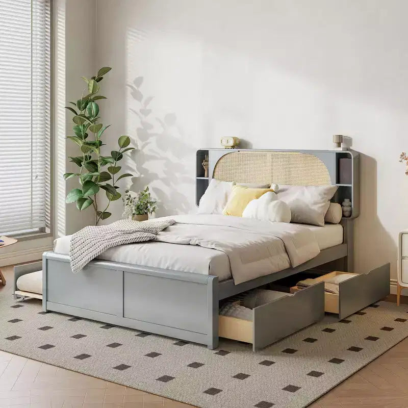 Queen Size Bed Frame with Trundle, Wood Platform Bed with Rattan Headboard &amp; 2 Drawers, Wooden Slats Support, No Box Spring Required