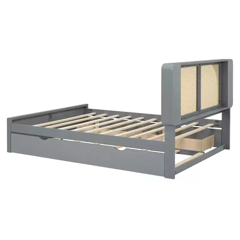 Cadre de lit queen avec lit gigogne, lit plateforme en bois avec tête de lit en rotin et 2 tiroirs, support à lattes en bois, pas besoin de sommier tapissier