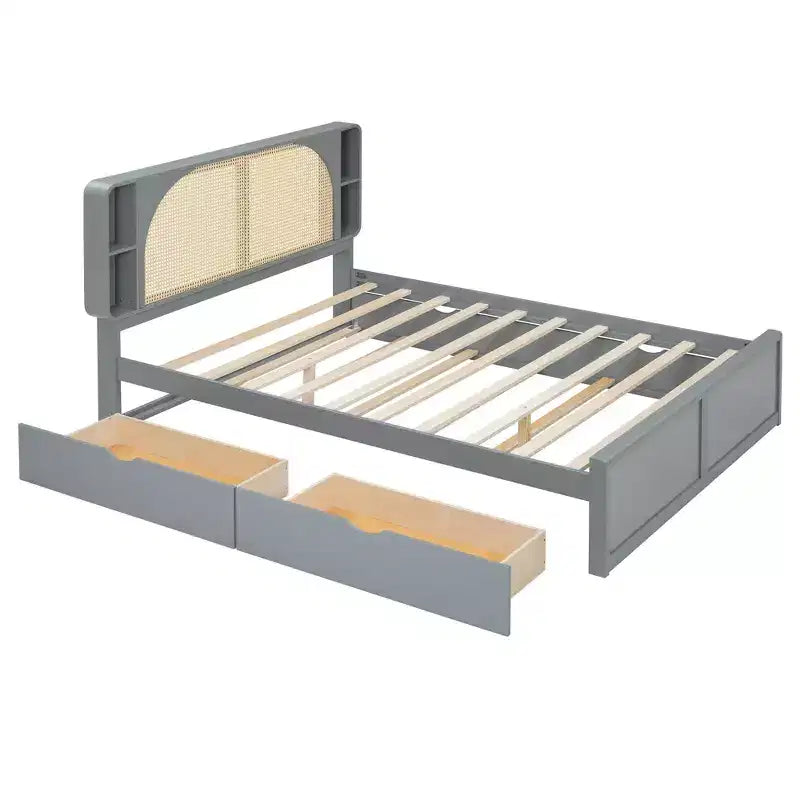 Cadre de lit queen avec lit gigogne, lit plateforme en bois avec tête de lit en rotin et 2 tiroirs, support à lattes en bois, pas besoin de sommier tapissier