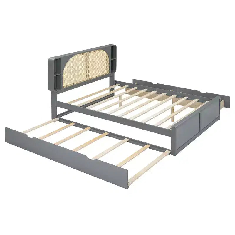 Cadre de lit queen avec lit gigogne, lit plateforme en bois avec tête de lit en rotin et 2 tiroirs, support à lattes en bois, pas besoin de sommier tapissier