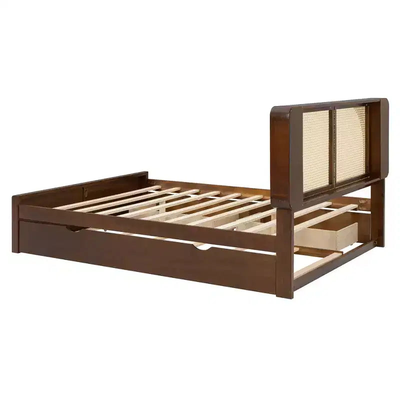 Cadre de lit queen avec lit gigogne, lit plateforme en bois avec tête de lit en rotin et 2 tiroirs, support à lattes en bois, pas besoin de sommier tapissier