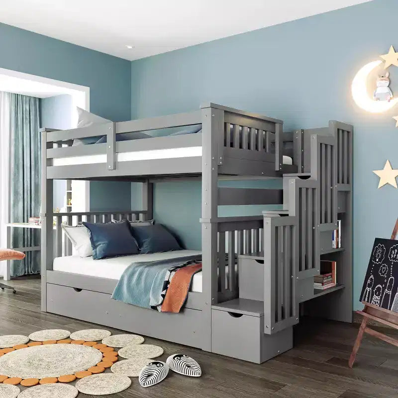 Whisen Full Over Full Bunk Bed with Shelves and 6 Storage Drawers
