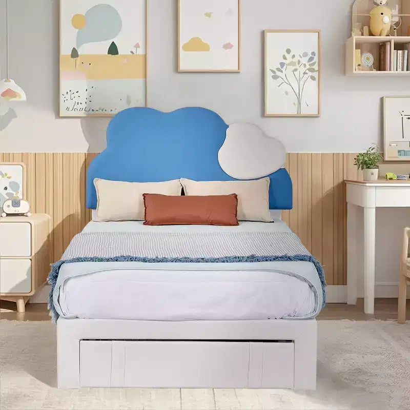 VECELO Upholstered Bed Frame for Kids, Twin Size Bed with Storage Drawer, Platform Bed with Cloud-Shaped Headboard, Blue