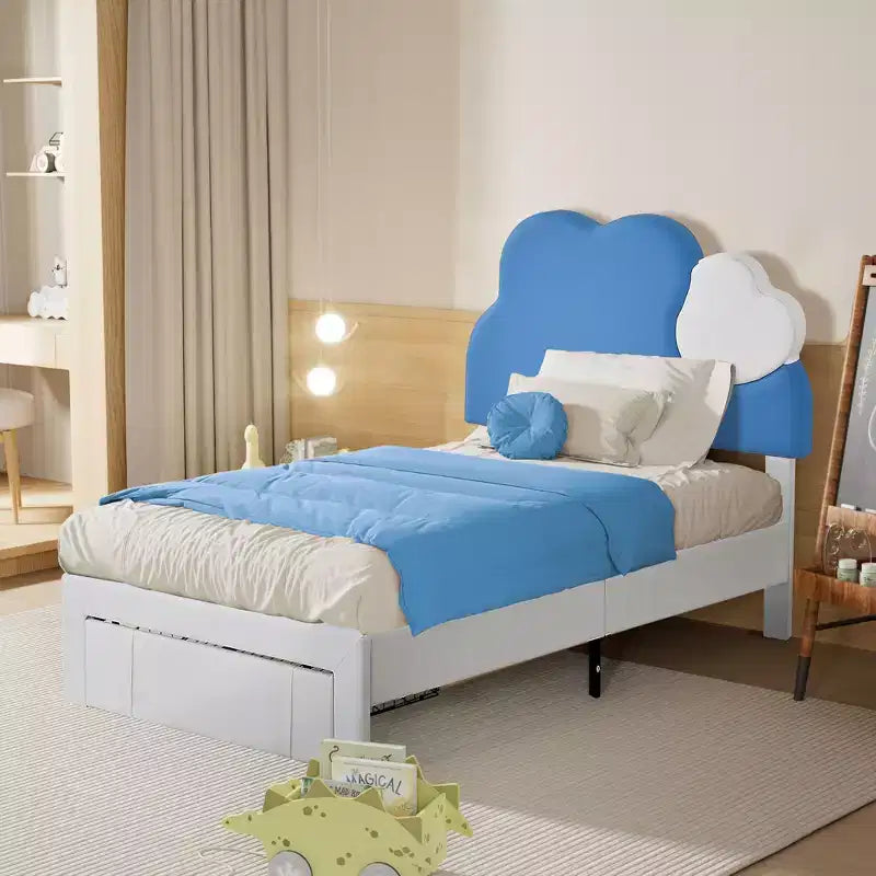 Cadre de lit rembourré pour enfants, lit double avec tiroir de rangement, lit plateforme avec tête de lit en forme de nuage, bleu