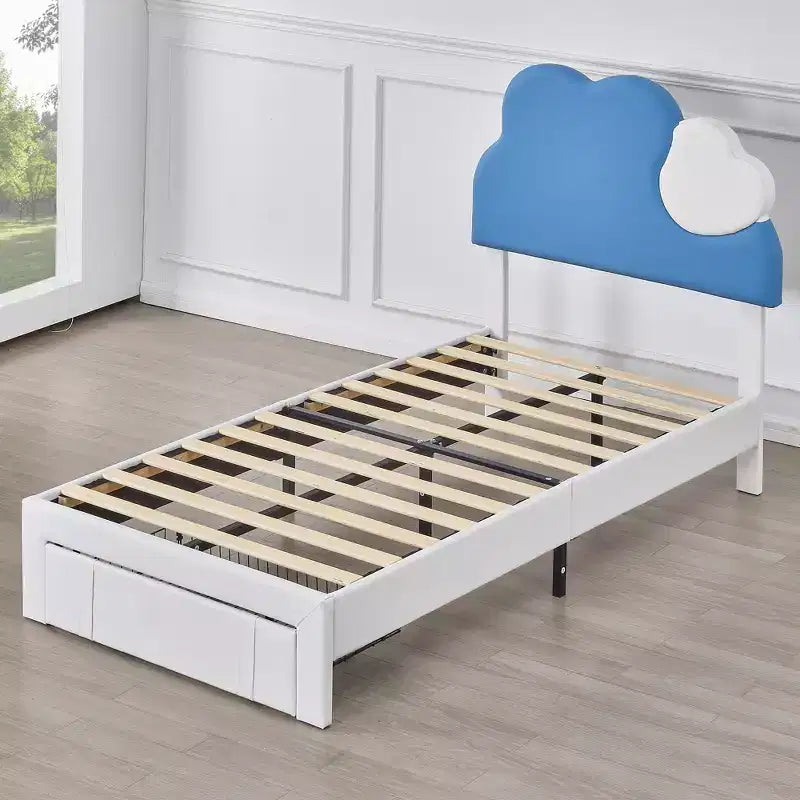 Cadre de lit rembourré pour enfants, lit double avec tiroir de rangement, lit plateforme avec tête de lit en forme de nuage, bleu