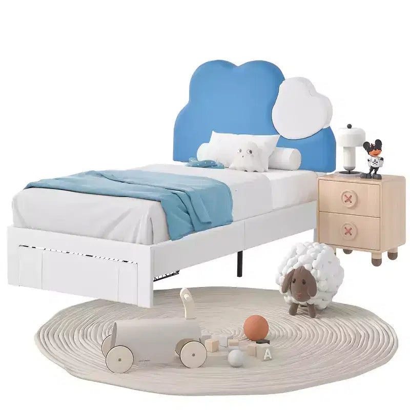 Cadre de lit rembourré pour enfants, lit double avec tiroir de rangement, lit plateforme avec tête de lit en forme de nuage, bleu