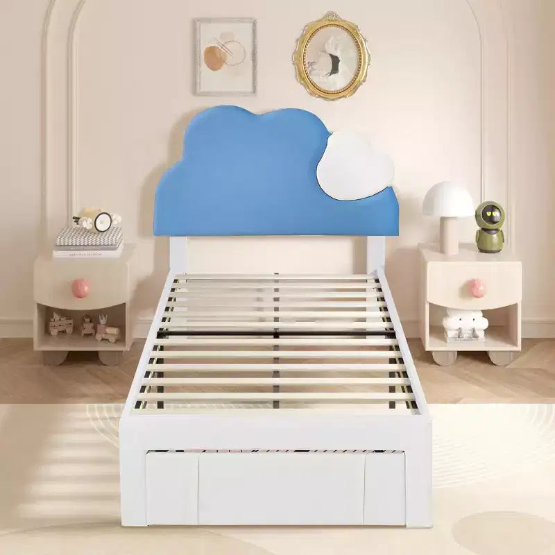 Cadre de lit rembourré pour enfants, lit double avec tiroir de rangement, lit plateforme avec tête de lit en forme de nuage, bleu