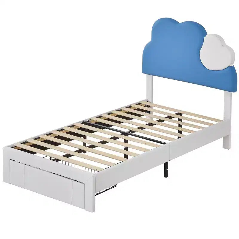 Cadre de lit rembourré pour enfants, lit double avec tiroir de rangement, lit plateforme avec tête de lit en forme de nuage, bleu