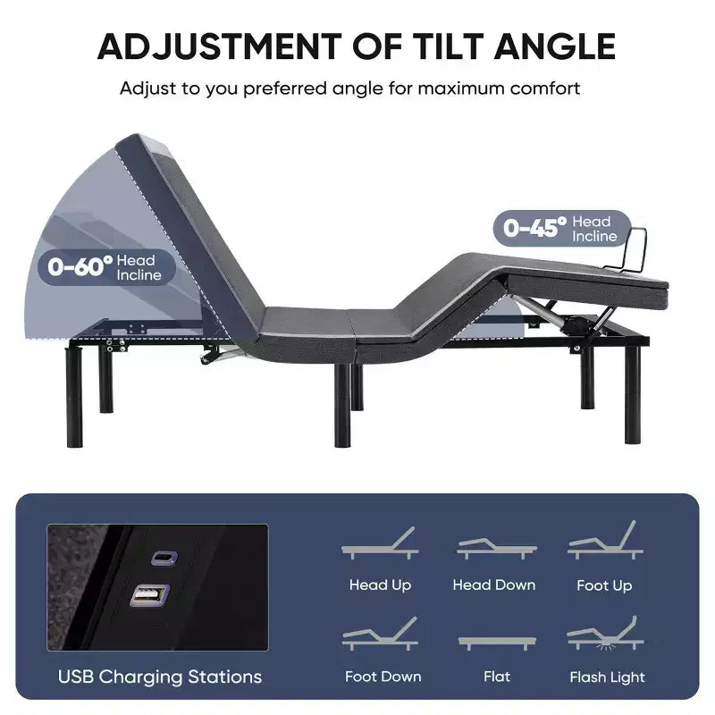 Cadre de lit motorisé ergonomique avec télécommande sans fil - Inclinaison indépendante de la tête et des pieds, Moteur silencieux, Idéal pour la détente, le travail, la lecture et regarder la télévision