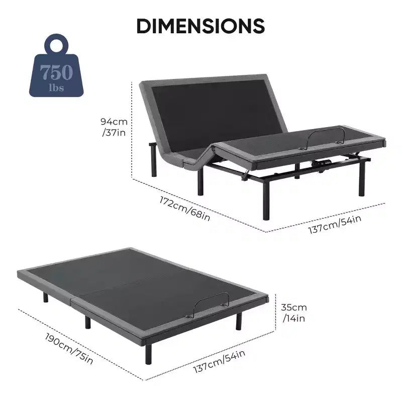 Cadre de lit motorisé ergonomique avec télécommande sans fil - Inclinaison indépendante de la tête et des pieds, Moteur silencieux, Idéal pour la détente, le travail, la lecture et regarder la télévision