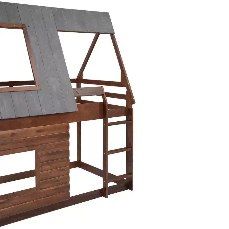 Lit superposé cabane double avec toit, échelle et 2 fenêtres au design élégant