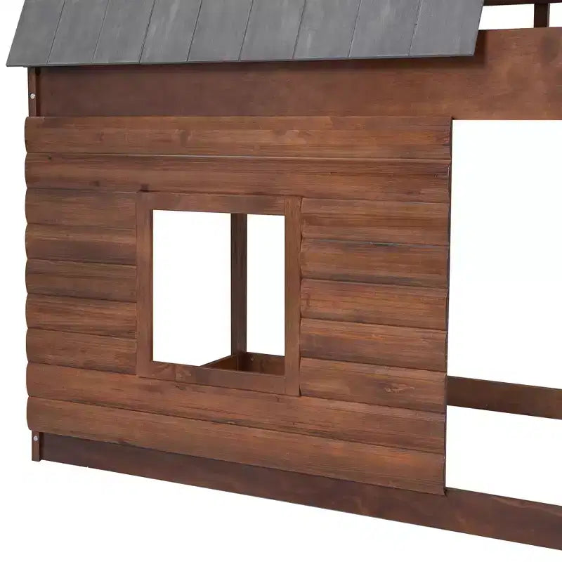 Lit superposé cabane double avec toit, échelle et 2 fenêtres au design élégant