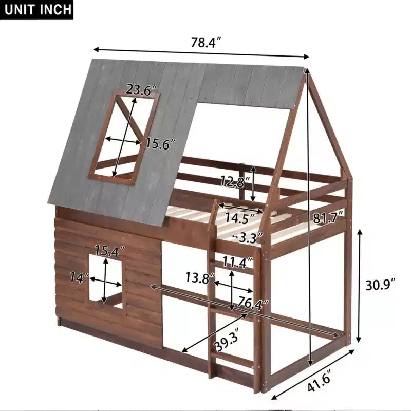 Lit superposé cabane double avec toit, échelle et 2 fenêtres au design élégant