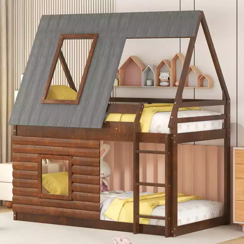 Lit superposé cabane double avec toit, échelle et 2 fenêtres au design élégant