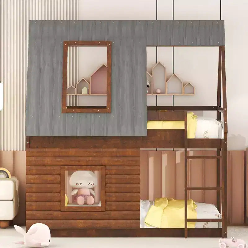 Lit superposé cabane double avec toit, échelle et 2 fenêtres au design élégant