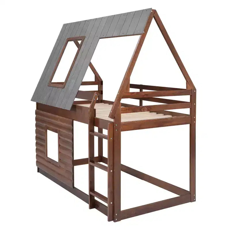 Lit superposé cabane double avec toit, échelle et 2 fenêtres au design élégant