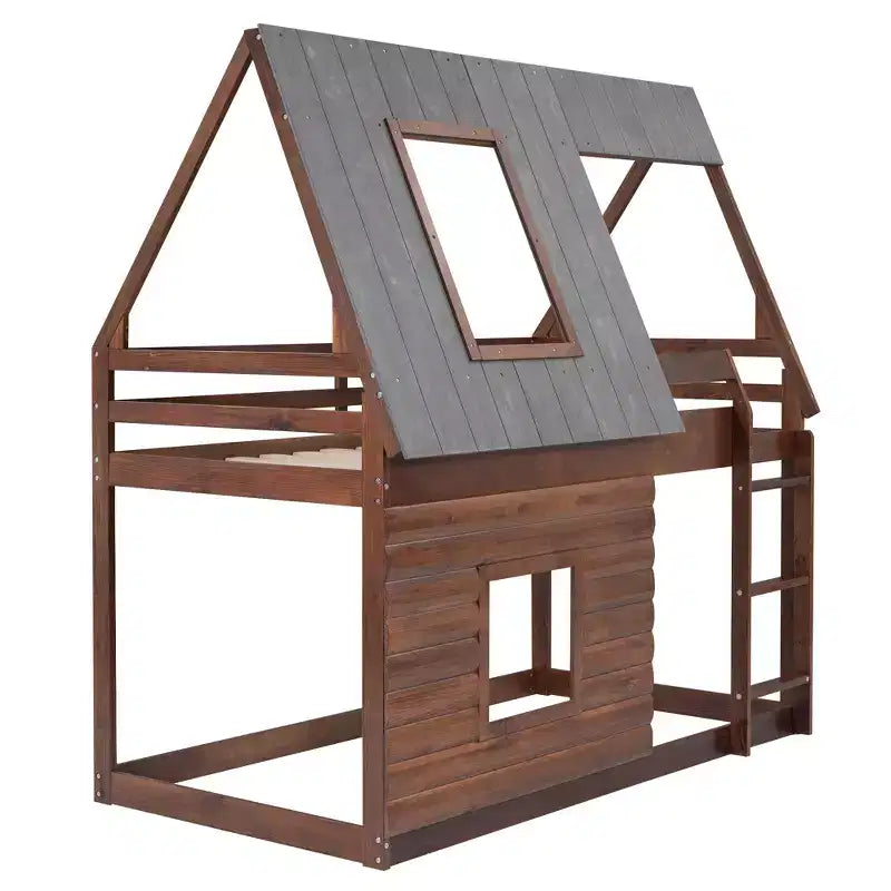 Lit superposé cabane double avec toit, échelle et 2 fenêtres au design élégant