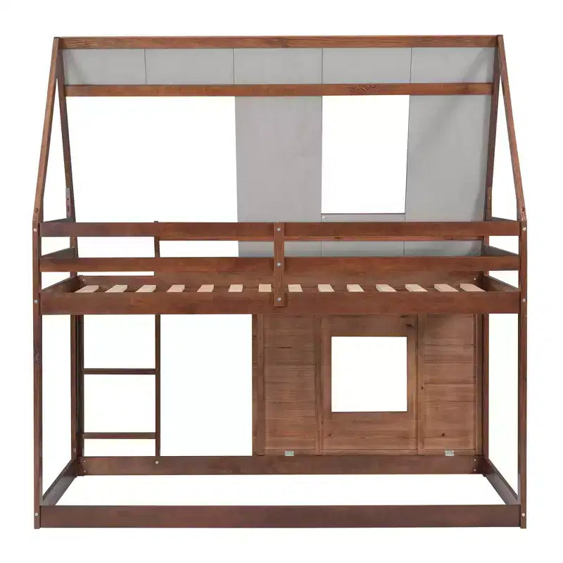 Lit superposé cabane double avec toit, échelle et 2 fenêtres au design élégant