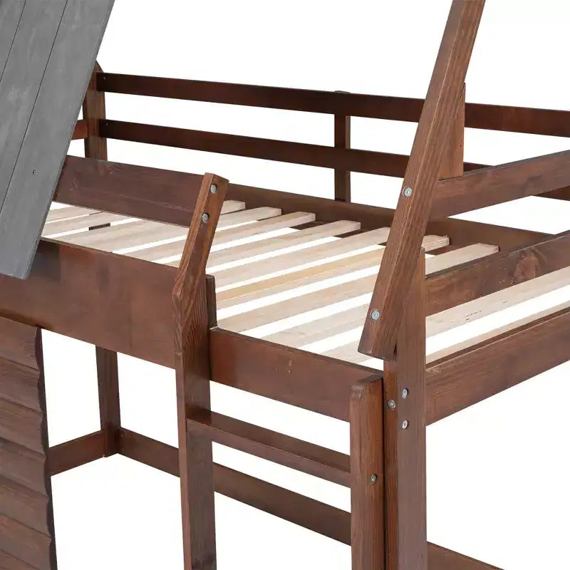 Lit superposé cabane double avec toit, échelle et 2 fenêtres au design élégant