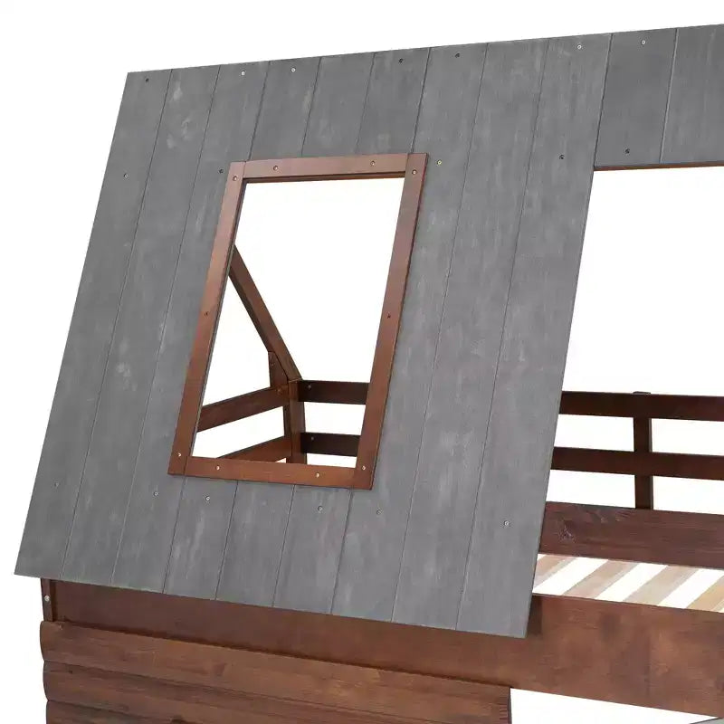 Lit superposé cabane double avec toit, échelle et 2 fenêtres au design élégant