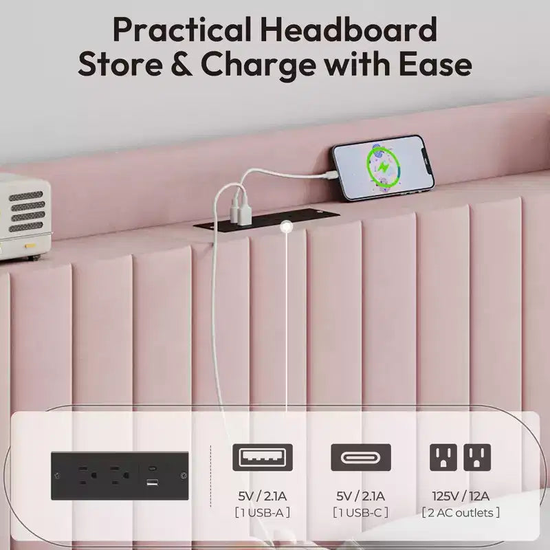 Cadre de lit tapissé avec prises de courant et ports USB