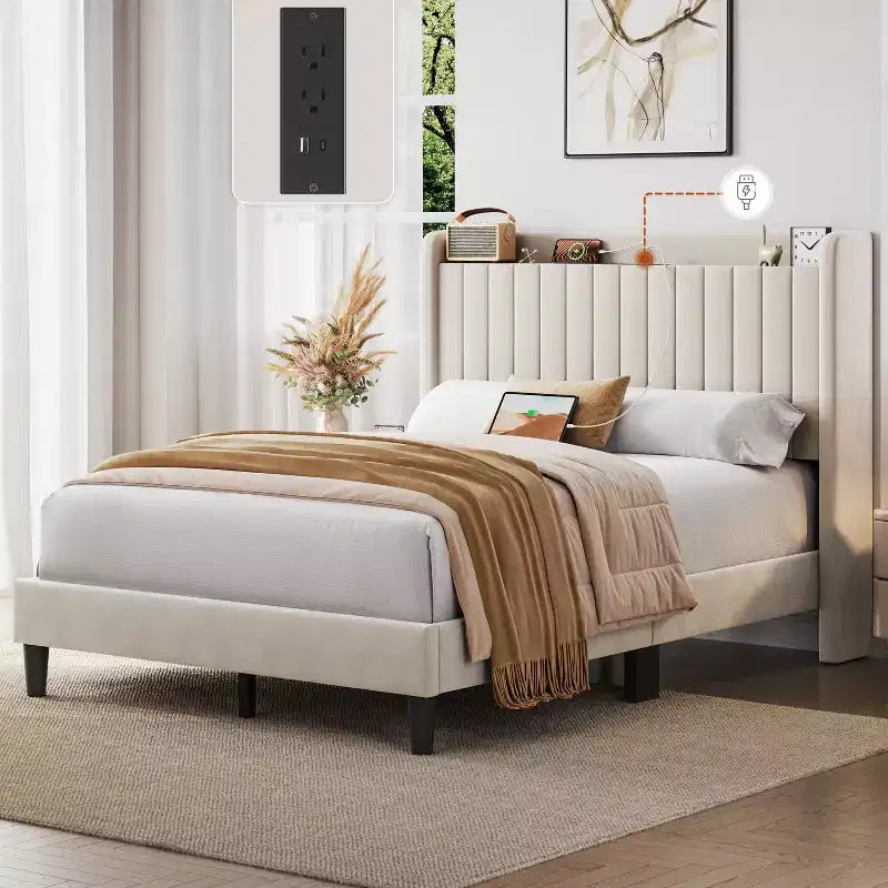 Yaheetech Upholstered Bed Frame with Charging Outlets &amp; USB Ports