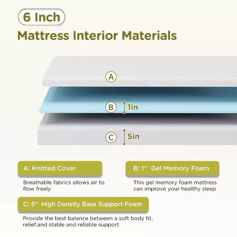 Matelas en mousse à mémoire de forme au gel de 6 pouces Matelas à fermeté moyenne pour un sommeil frais &amp
