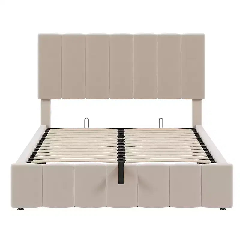 Lit plateforme rembourré de style moderne avec système de rangement hydraulique