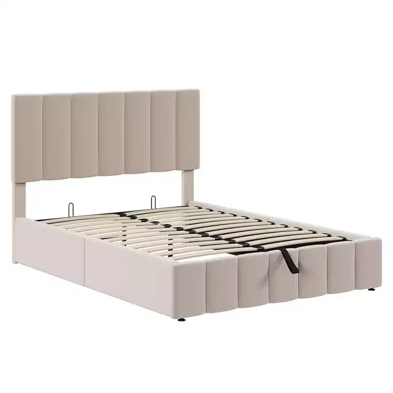 Lit plateforme rembourré de style moderne avec système de rangement hydraulique