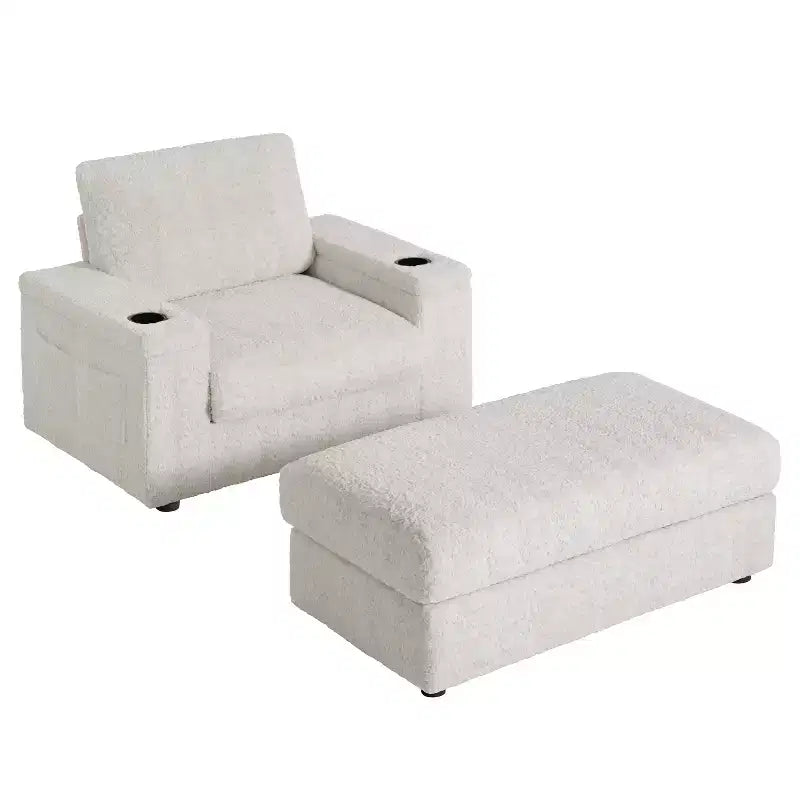 Chaise longue surdimensionnée en fausse fourrure de lapin avec pouf de rangement et accoudoirs, canapé-lit rembourré avec porte-gobelets