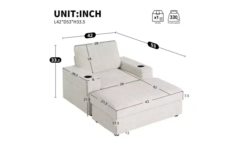 Chaise longue surdimensionnée en fausse fourrure de lapin avec pouf de rangement et accoudoirs, canapé-lit rembourré avec porte-gobelets
