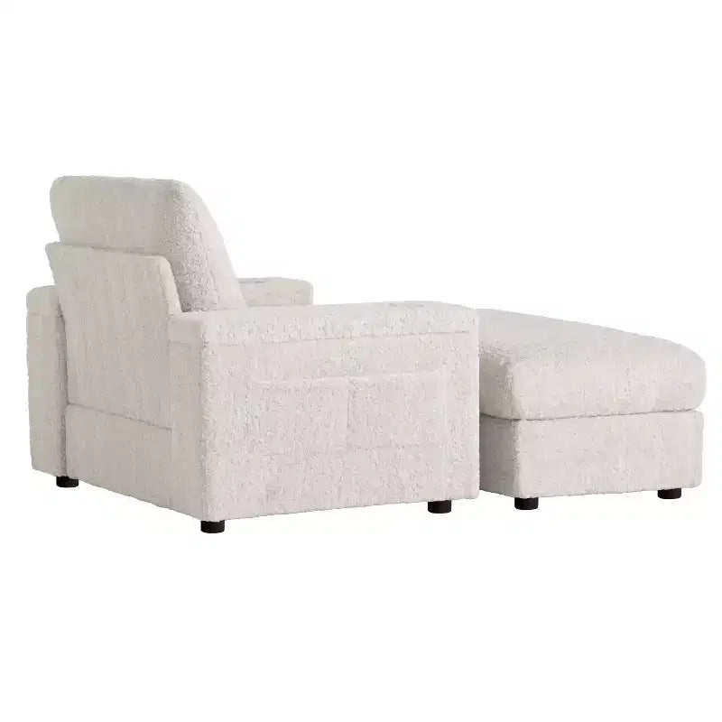 Chaise longue surdimensionnée en fausse fourrure de lapin avec pouf de rangement et accoudoirs, canapé-lit rembourré avec porte-gobelets