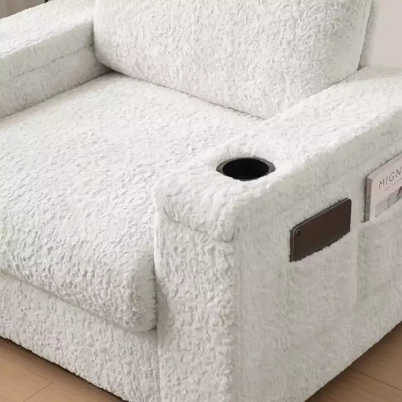 Chaise longue surdimensionnée en fausse fourrure de lapin avec pouf de rangement et accoudoirs, canapé-lit rembourré avec porte-gobelets