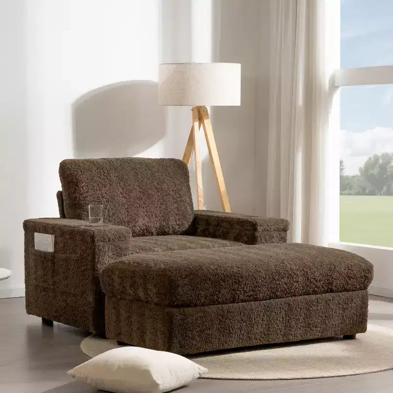Chaise longue surdimensionnée en fausse fourrure de lapin avec pouf de rangement et accoudoirs, canapé-lit rembourré avec porte-gobelets