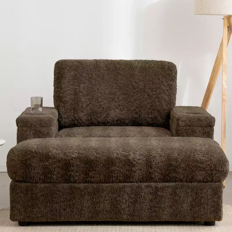 Chaise longue surdimensionnée en fausse fourrure de lapin avec pouf de rangement et accoudoirs, canapé-lit rembourré avec porte-gobelets