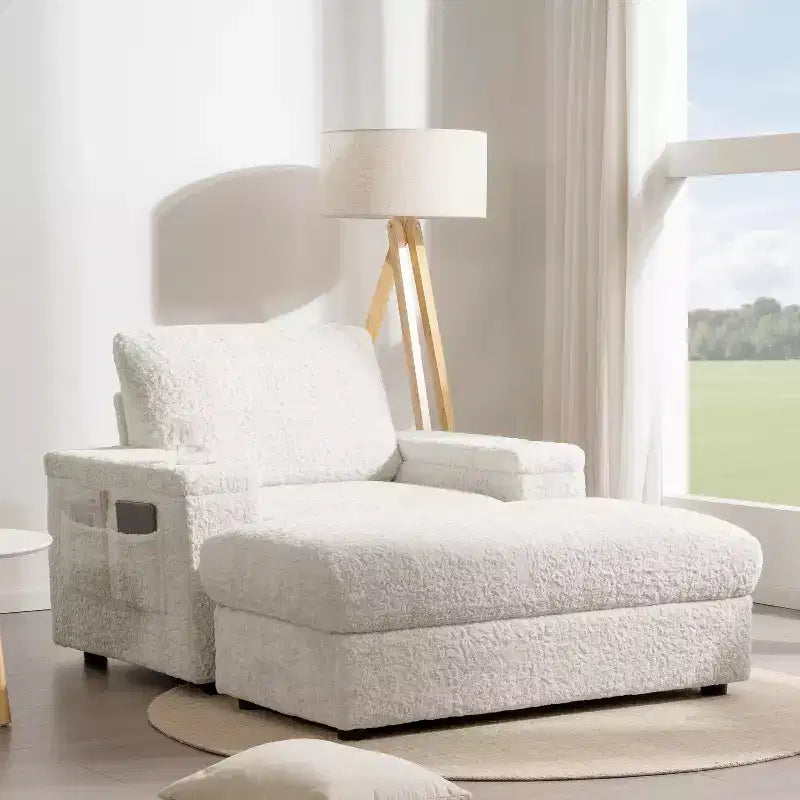 Chaise longue surdimensionnée en fausse fourrure de lapin avec pouf de rangement et accoudoirs, canapé-lit rembourré avec porte-gobelets