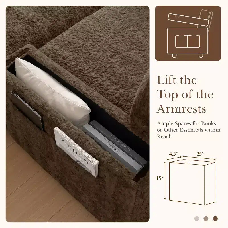 Chaise longue surdimensionnée en fausse fourrure de lapin avec pouf de rangement et accoudoirs, canapé-lit rembourré avec porte-gobelets