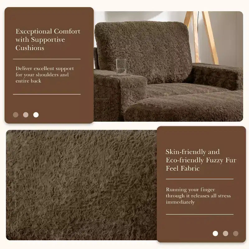Chaise longue surdimensionnée en fausse fourrure de lapin avec pouf de rangement et accoudoirs, canapé-lit rembourré avec porte-gobelets