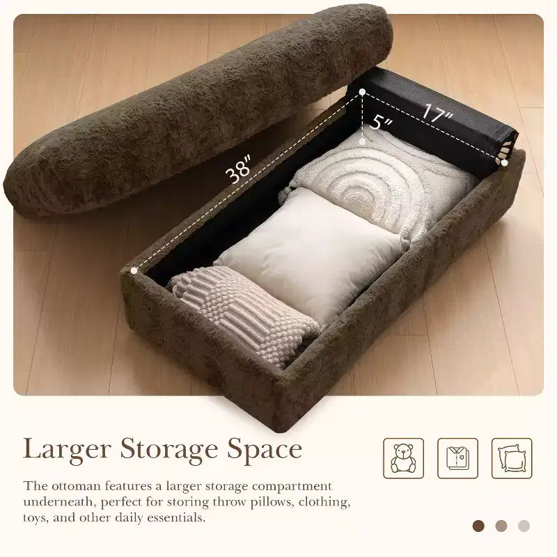Chaise longue surdimensionnée en fausse fourrure de lapin avec pouf de rangement et accoudoirs, canapé-lit rembourré avec porte-gobelets