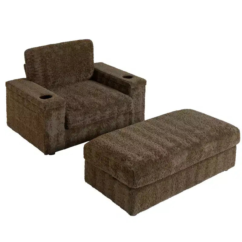 Chaise longue surdimensionnée en fausse fourrure de lapin avec pouf de rangement et accoudoirs, canapé-lit rembourré avec porte-gobelets